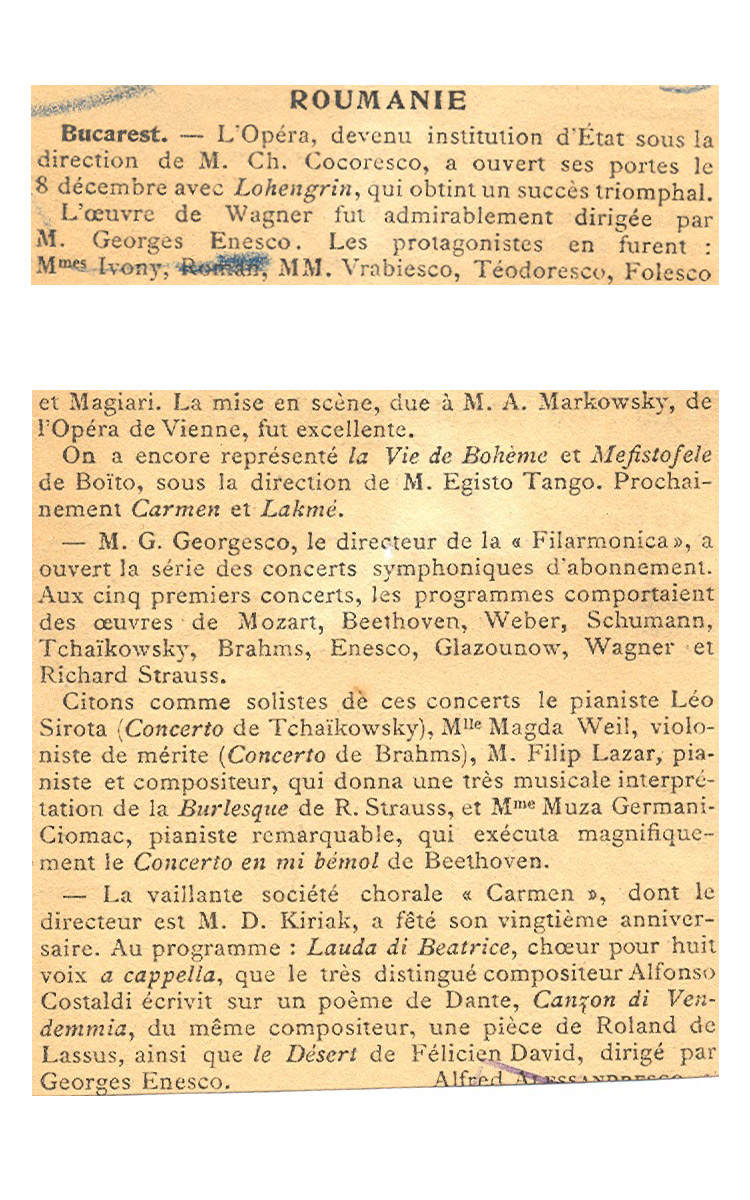  Actul al III-lea din Parsifal şi Lohengrin de Wagner  dirijate de Enescu în prima audiţie românească