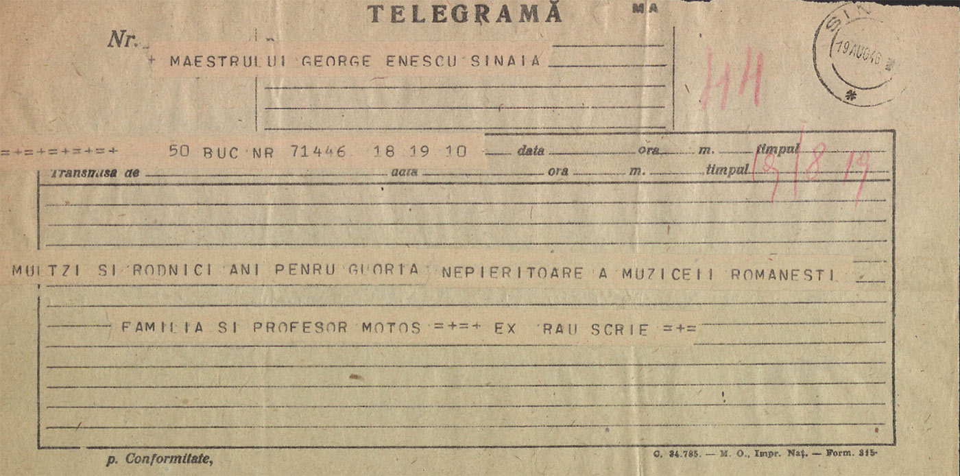 Fig. 2 – Telegramă trimisă de C. Motaș și familia lui George Enescu, 19 aug. 1946