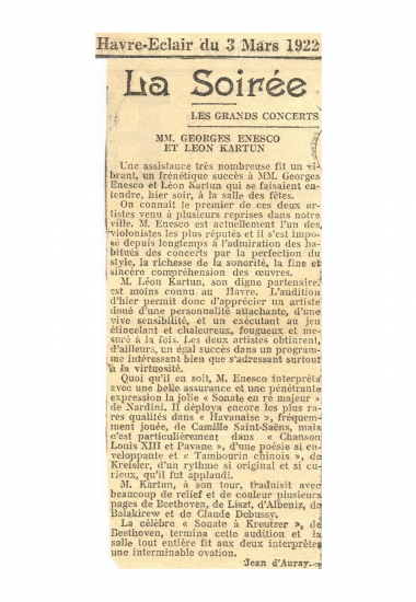 Recitalurile susţinute de George Enescu şi Léon Kartun în anul 1922