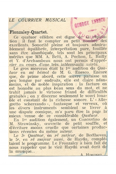 Cvartetul op. 22 nr. 1 de George Enescu - prima audiţie franceză